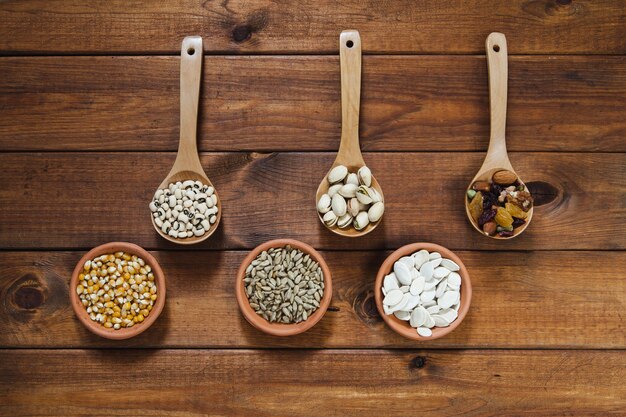 Bowls with seeds and ladles with nuts