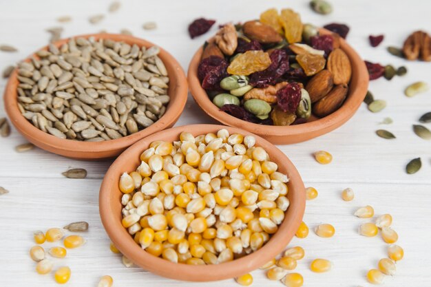 Bowls with seeds and nuts