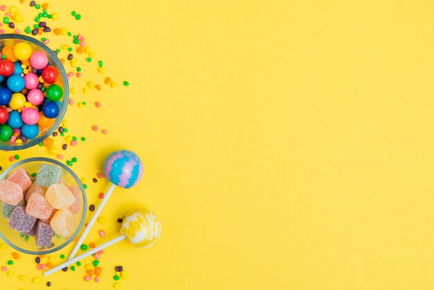 Bows with candies assortiments on table 