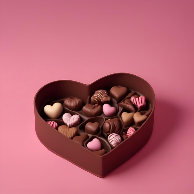 Box of assorted chocolates in the shape of heart on pink background