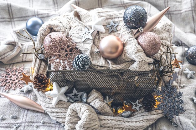 A box with Christmas decor details and a knitted element