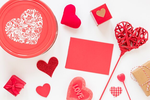 Box with  paper and hearts for valentines