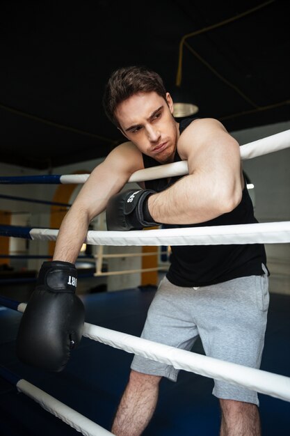 Boxer training in a boxing ring. Looking aside.