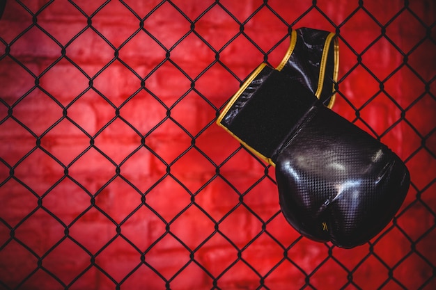Boxing glove hanging on wire mesh fence
