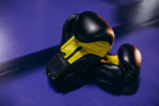 Free photo boxing gloves lying on empty ring