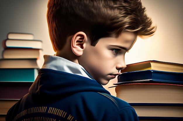 Free photo a boy in a blue jacket looks at books