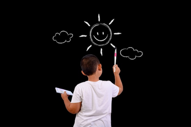 少年が黒板で空と太陽を描く