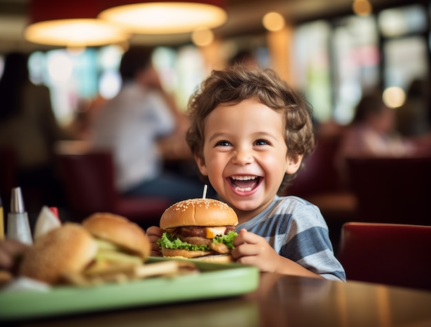 レストランでハンバーガーを楽しんでいる少年