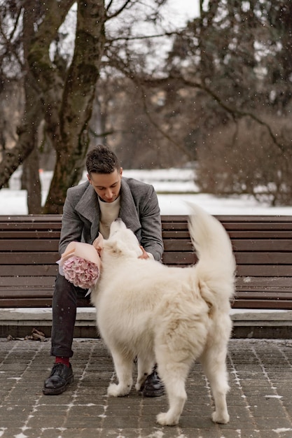 Ragazzo amico con un mazzo di fiori rosa ortensia che aspetta la sua ragazza e cammina e gioca con un cane. all'aperto mentre cade la neve. concetto di san valentino, proposta di matrimonio. l'uomo va