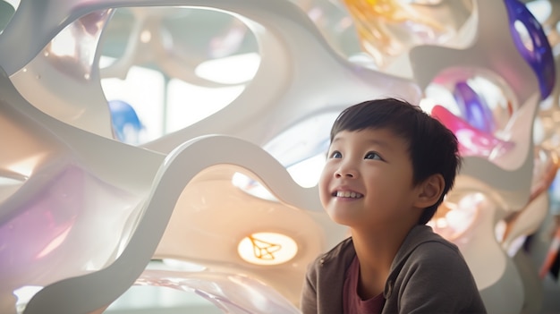 Free photo boy in futuristic school classroom