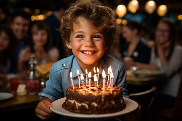 おいしい誕生日ケーキを持った少年