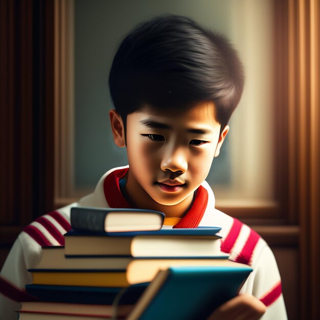 A boy is holding a stack of books and the word on the front of his shirt