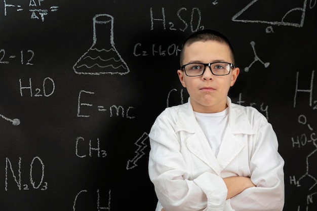 Free photo boy in laboratory with coat