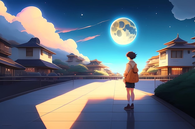 A boy looking at the moon in the night