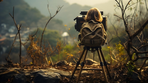 Foto gratuita ragazzo fotografo di sera in montagna