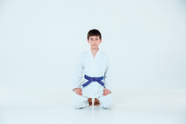 The boy posing at Aikido training in martial arts school. Healthy lifestyle and sports concept