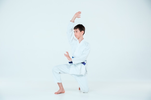 Foto gratuita ragazzo che propone all'addestramento di aikido nella scuola di arti marziali. stile di vita sano e concetto di sport