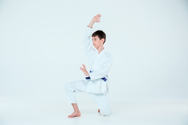 boy posing at Aikido training in martial arts school. Healthy lifestyle and sports concept