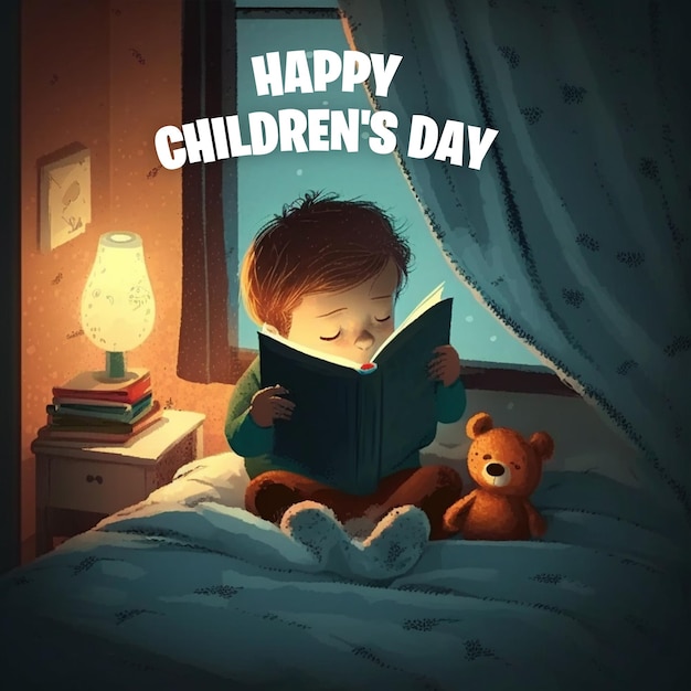 Free photo a boy reading a book in a dark room with a teddy bear on the cover