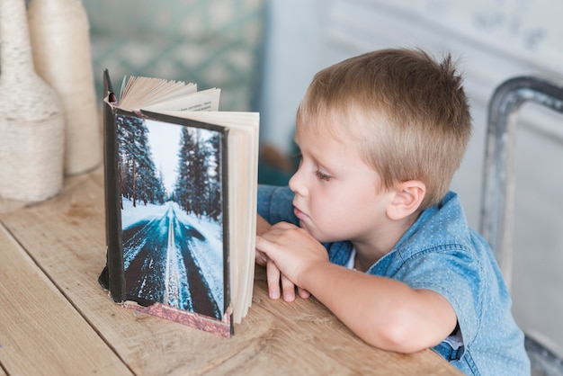 Boy reading book at dining table