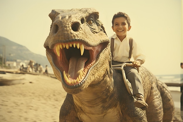 Бесплатное фото Мальчик едет на фото динозавра