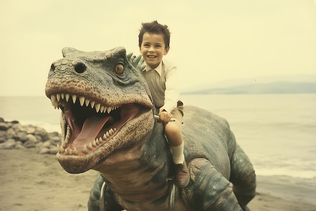 Free photo boy riding a dinosaur