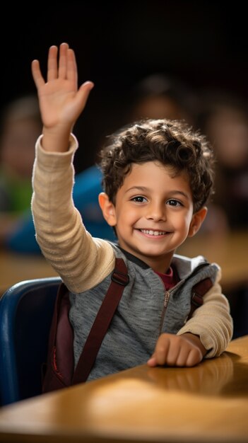 교실 에서 손 을 들고 있는 소년