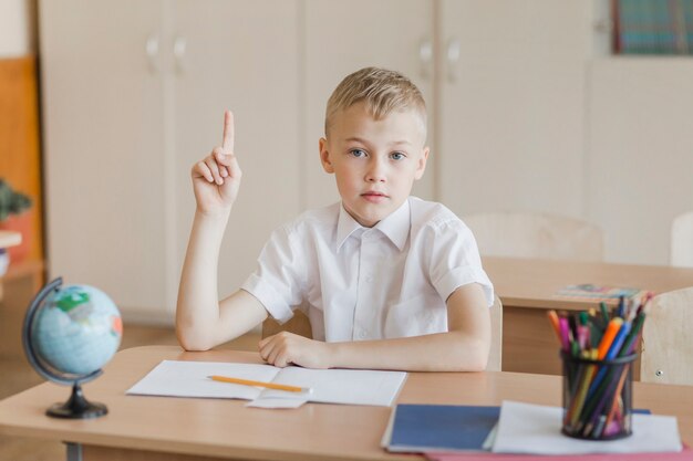 Boy sitting in classroom raising finger