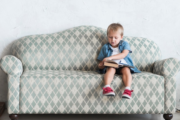 Boy sitting on sofa turning the pages of book