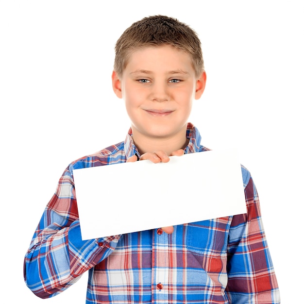 Free photo boy standing with empty horizontal blank in hand