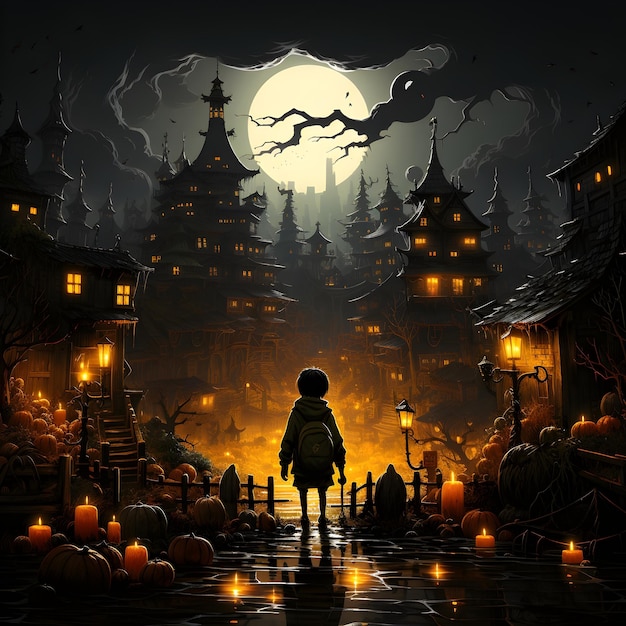 Free photo boy stands in front of a pumpkin city at night