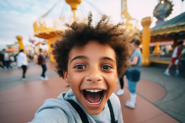 boy in a theme park happy and surprised expression