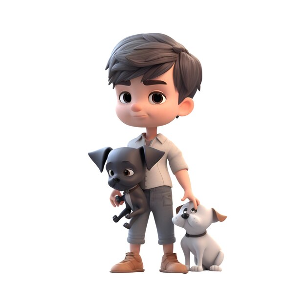 Мальчик с собакой 3D рендеринг Изолированный белый фон