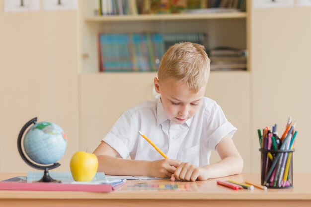 Boy writing in notebook during lesson