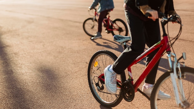 Boys riding their bikes in the city