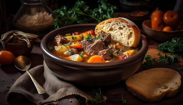 Free photo braised beef stew in rustic crockery bowl generated by ai