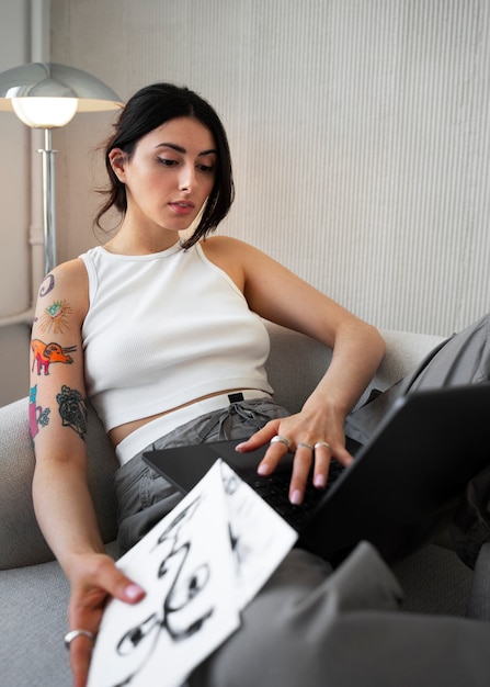 Braless woman working indoor