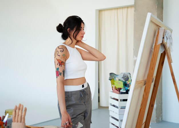 Braless woman working indoor