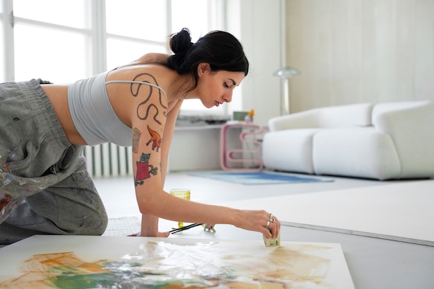 Braless woman working indoor