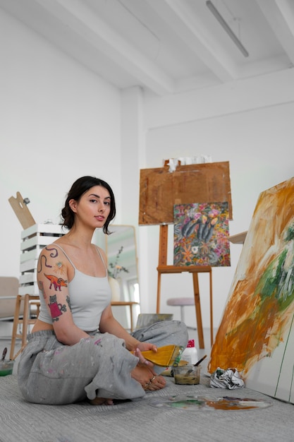 Braless woman working indoor