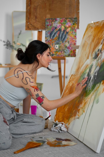 Braless woman working indoor