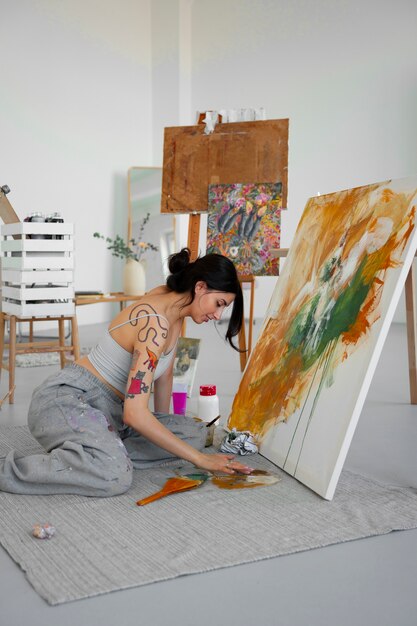 Braless woman working indoor