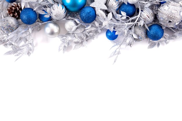 Branches decoration with silver and blue christmas balls 