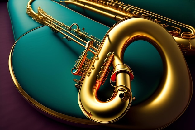 A brass instrument with a red tip is laying on a green and blue background.