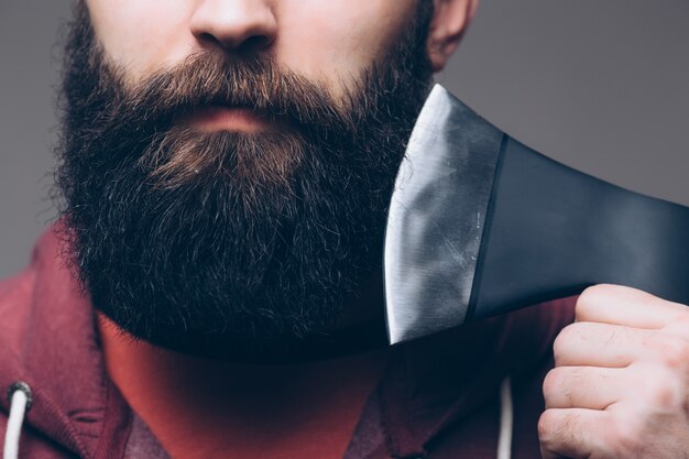 Brave enough. Brutal lumberjack. Cutting wood. Sharp blade. Brutality and masculinity. Bearded lumberjack. Lumberjack style. Man with axe. Bearded man hold axe isolated on white. Danger concept.