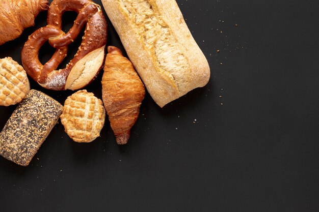 Bread and delicious croissants with copy space