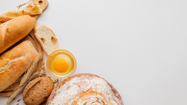 Bread and egg with variety of pastry