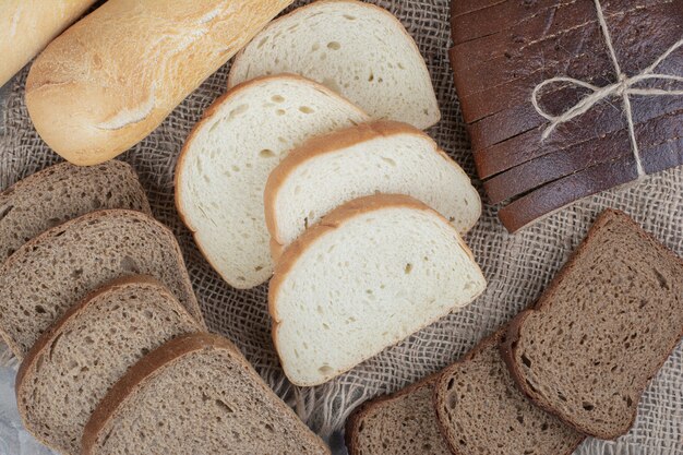 Bread fresh food variety on sackcloth