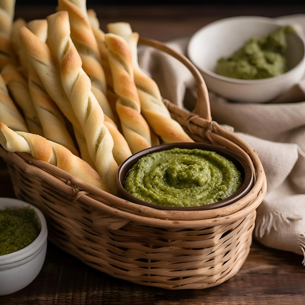 Bread sticks with pesto sauce on a wooden background Selective focus