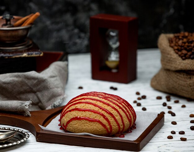 Bread topped with jam on desk